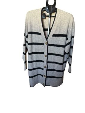 Primark Greige Cardigan with Black Stripes - Button Front L